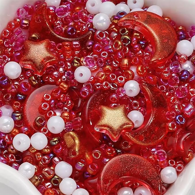 Mixed Star Moon Crystal Glass Beads Seedbeads Loose Round Pearl Beads for Jewelry Making Craft Bracelets Necklaces Earrings DIY Crafts Projects Red Glass Spacer Bead Kits for Crafts