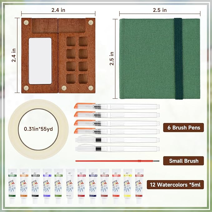 Mini Portable Watercolor Palette Set–Complete Travel Watercolor Set with 12 Watercolor Paints, Wooden Grid Paint Box, Mini Sketch Book, Masking Tape, 6 Brush Pens & Binder Clips