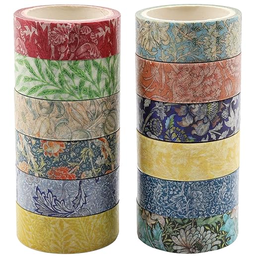 Berkin Arts 12 Rolls Art Floral Designs Washi Tape Set - 15 mm Wide Decorative Adhesive Masking Tape Cloisonnism for Scrapbook Cute Aesthetic William Morris Series