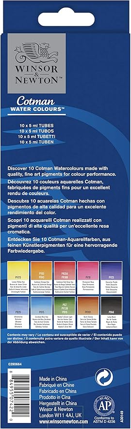 Winsor & Newton Cotman Watercolor Paint Set, 10 Colors, 5ml (0.17-oz) Tubes