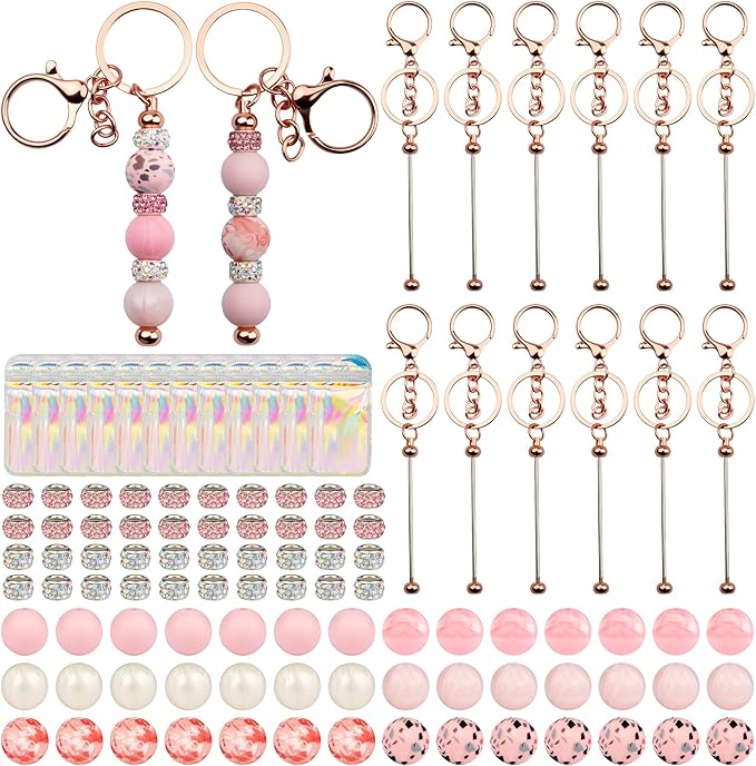 106pcs Beadable Keychains Set Bulk for Keychain Making Kit with Beadable Keychain Bar Silicone Beads Spacer Beads DIY Gifts for Women Men Crafts (Rose Gold)