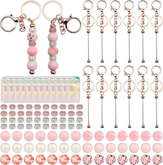 106pcs Beadable Keychains Set Bulk for Keychain Making Kit with Beadable Keychain Bar Silicone Beads Spacer Beads DIY Gifts for Women Men Crafts (Rose Gold)