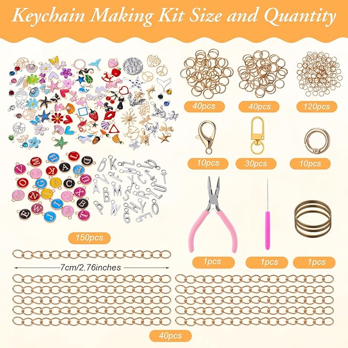 Tondiamo 443 Pcs Charms Lip Gloss Keychain Making Kit DIY Bag Charm Jewelry Chain Including 150 Charms 40 Extender Chain 40 Keychain Clips 200 Jump Ring Jewelry Plier for DIY Crafts Women