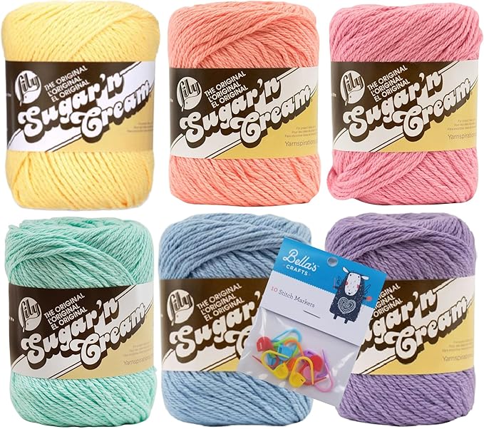 Lily Sugar'n Cream 100% Cotton Yarn 6-Pack Bundle with Bella's Crafts Stitch Markers (Pastel Solids)