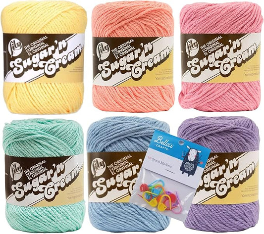 Lily Sugar'n Cream 100% Cotton Yarn 6-Pack Bundle with Bella's Crafts Stitch Markers (Pastel Solids)