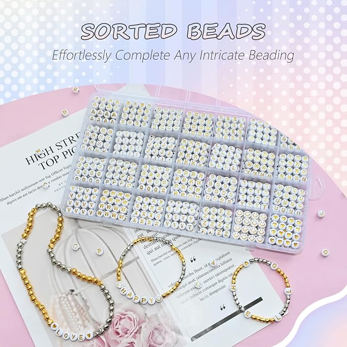 1400pcs Letter Beads Gold Alphabet A-Z and Smiley Heart Beads White Acrylic for Jewelry Making Bracelet