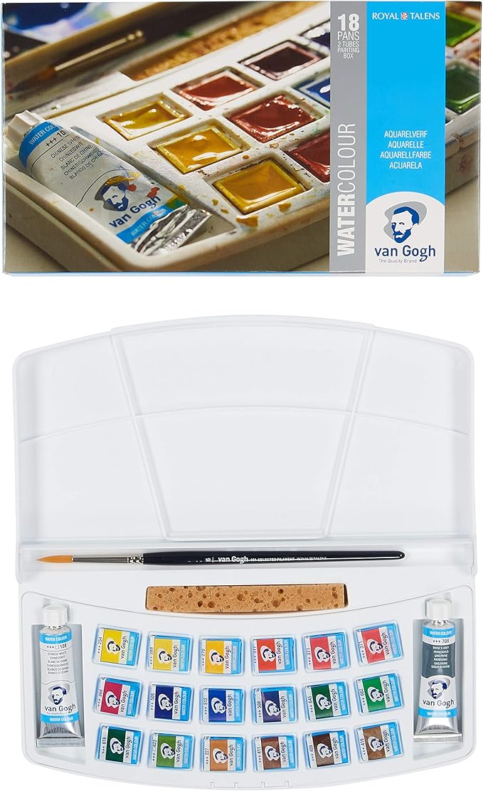 Van Gogh Watercolor Paint Set, Plastic Pocketbox, 18-Half Pan + 2x10ml