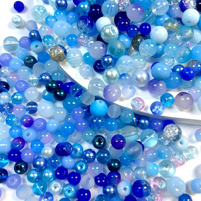 450pcs Glass Beads for Jewelry Making, 6/8mm Assorted Crystal Loose Beads, Blue Series Round Spacer Bead Kit for Bracelet Necklace DIY Craft