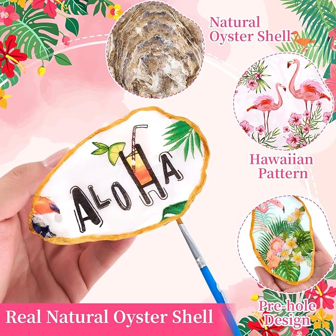 APUDWN 16 Set DIY Natural Oyster Shell Decoupage Kit Hawaiian Crafts 4-5" Large Shells Drilled with Napkins Paints Brushes for Crafts Coastal Beach Art Hanging Ornament Making Adult Hobby Gifts