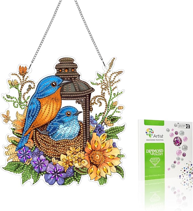 VAIIEYO Bird Diamond Art Hanging Ornament, Flower Diamond Painting Suncatchers Window Hanging Kit with Chain, 7.5x7.5 inch Crystal Pendant Art Craft for Gift Home Wall Front Door Decoration