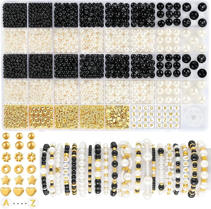 2230pcs Black and White Pearl Beads, 5 Sizes Round Pearls Beads for Jewelry Making Bracelets, Small Black Pearls with Gold Spacer Bead Letter Bead for Crafts Necklaces Earrings DIY