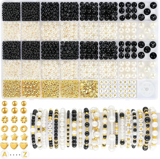 2230pcs Black and White Pearl Beads, 5 Sizes Round Pearls Beads for Jewelry Making Bracelets, Small Black Pearls with Gold Spacer Bead Letter Bead for Crafts Necklaces Earrings DIY