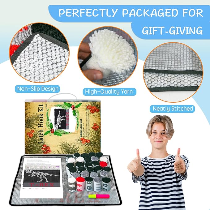 MIAOLLUN Latch Hook Kits for Adults Beginner 3D Dinosaur Pattern Printed Canvas Crochet Needlework Craft Rug Cushion Mat Tapestry 20.5X15 Inch,T.rex