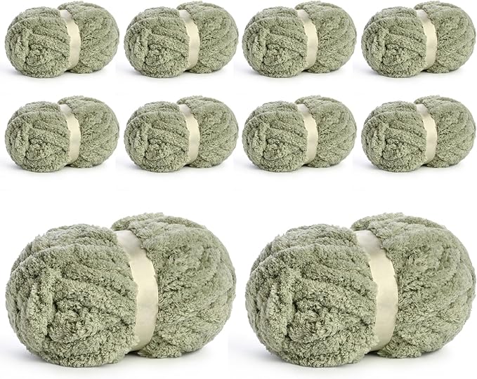 10 Pack Jumbo Chenille Yarn for Crocheting, #10 Super Bulky Baby Soft Yarn for Hand Knitting, 220 yds /70.5 oz Fluffy Chunky Knit Throw Blanket Yarn (Sage Green)