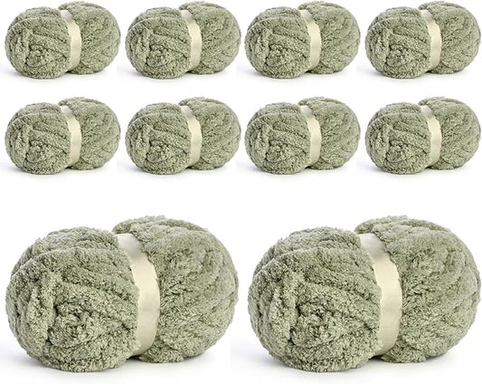 10 Pack Jumbo Chenille Yarn for Crocheting, #10 Super Bulky Baby Soft Yarn for Hand Knitting, 220 yds /70.5 oz Fluffy Chunky Knit Throw Blanket Yarn (Sage Green)