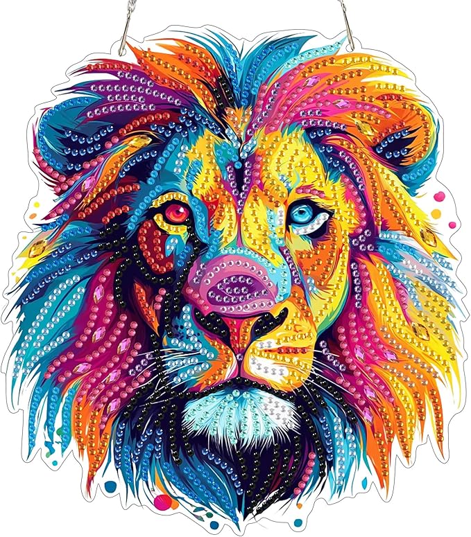 MXJSUA Diamond Art Hanging Kits for Adults Beginners, Colorful Lion DIY Acrylic Special Shaped Crystal Diamond Gem Art Pendant Drills Painting Ornament for Home Wall Decor and Gift