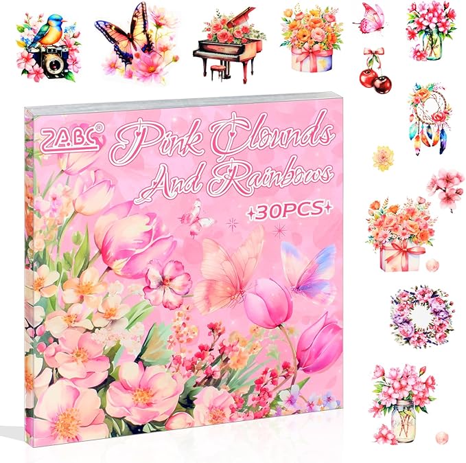30 Sheets Precut Pink Garden Landscape Stickers Book for Junk Journal Supplies, Transparent PET Stickers for Journaling, Scrapbooking, Bujo, Collage, Card Making