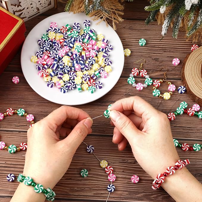 Augshy 300Pcs Peppermint Polymer Clay Beads,Christmas Candy Clay Beads for Jewelry Making Bracelets Necklaces Earrings and Holiday Tree Decoration
