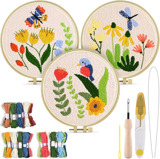 TINDTOP 3 Sets Punch Needle Kits, Flowers Punch Embroidery Kits for Adults Beginner, Tool with Punch Needle Fabric, Hoops, Yarns and Sewing Needles