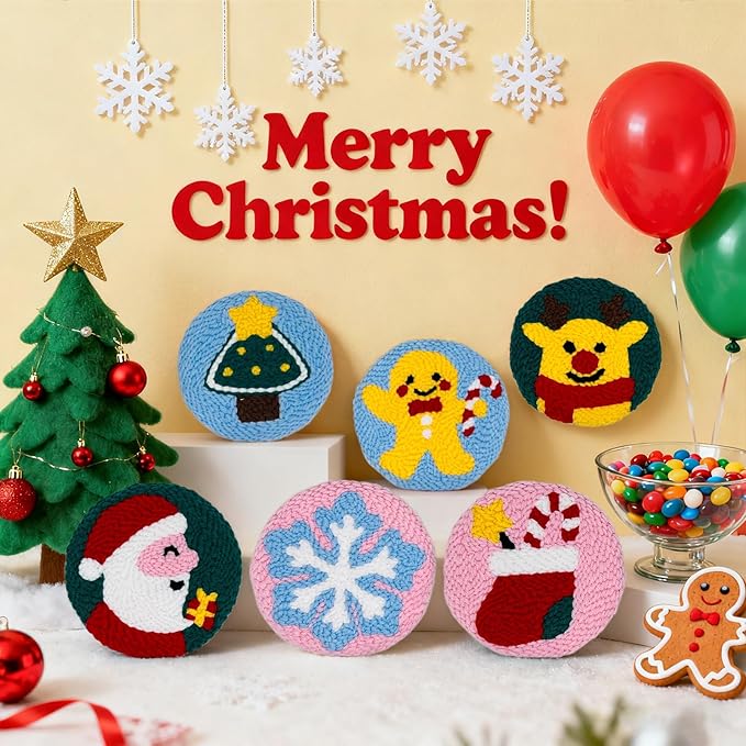 Christmas Punch Needle Kit for Adults Beginners, Easy Punch Embroidery Coaster Starter Set with Instruction – Fun Mug Rug Making Kit for Table Decor & Festival DIY Gifts