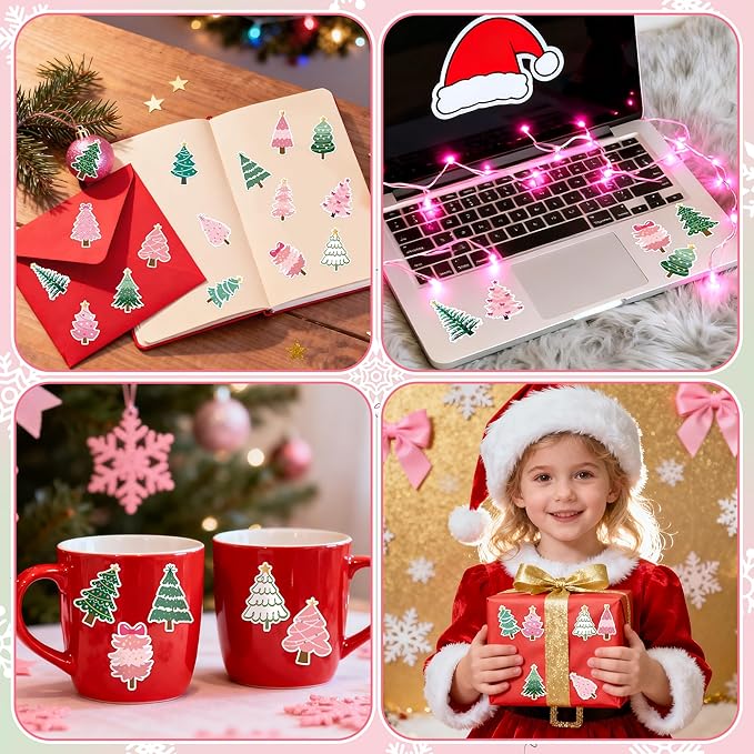 beyumi christmas pine tree sticker - 1000pcs pink and green xmas pine tree stickers in 2 rolls waterproof vinyl winter christmas cute decals party favor classroom bottle envelope gift decor for kids