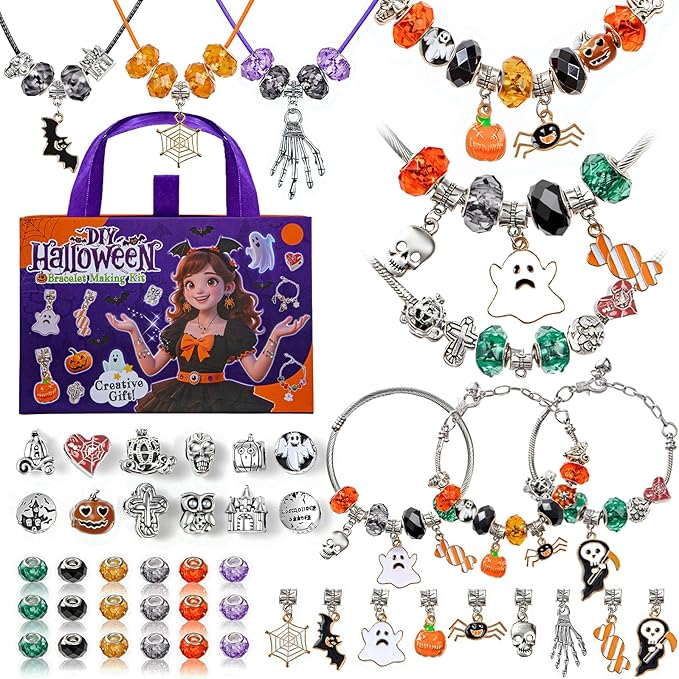Taybonds Halloween Charm Bracelet Making Kit for Party, DIY Jewelry and Necklace Making Set with Beads, Pendants and Chains, Skull, Ghost and Candy Charms, Creative Gifts