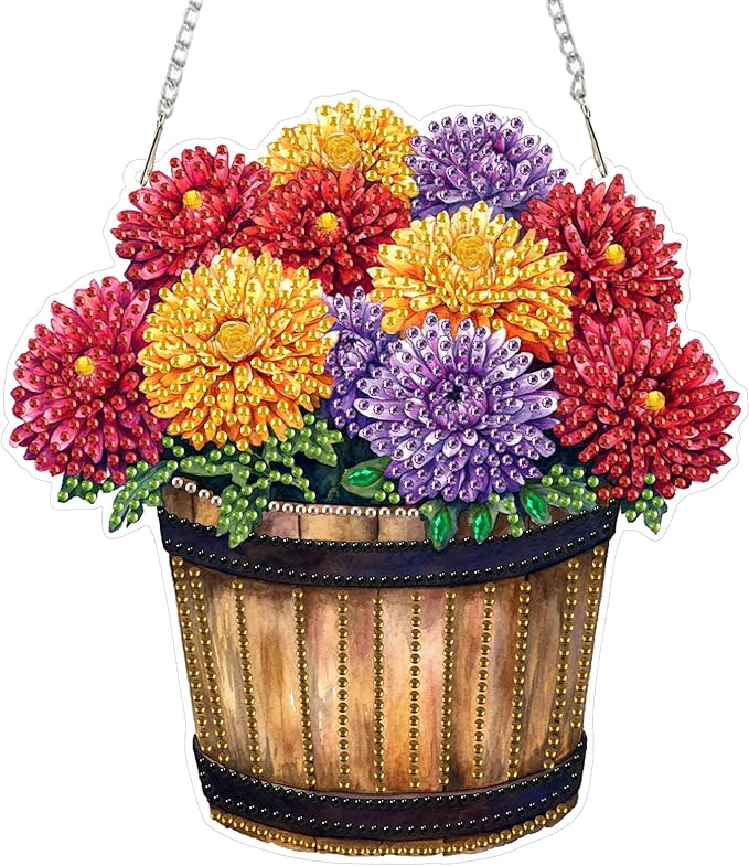 RICUVED Hanging Diamond Art Painting Kit, Special Shaped Crystal Craft Diamond Painting Pendant Kit for Adults Beginners, Barrel Flowers Hanging Acrylic Diamond Art Ornament Kit for Garden Wall Decor