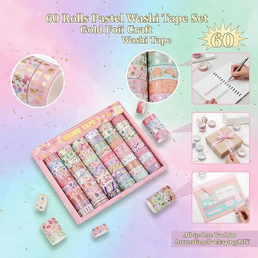60 Rolls Washi Tape Set, 15 mm Gold Foil Cute Pattern Floral Decorative for Journaling Supplies
