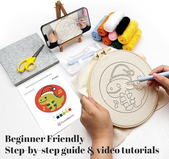 Christmas Punch Needle Kit for Adult Beginner, Easy Punch Embroidery Starter Set with Instruction, Fun DIY Needle Point Craft for Home Decor & Holiday Gift Idea(2pcs Dino & Penguin)