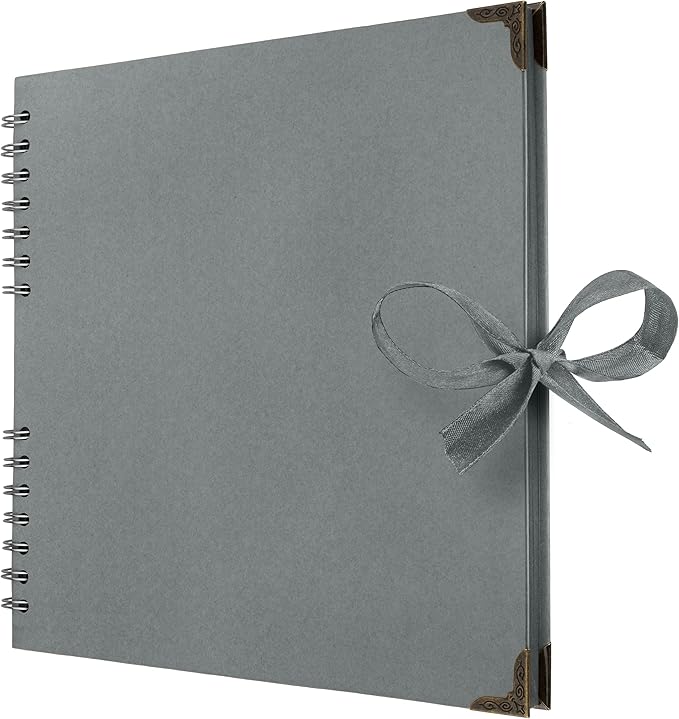 Bstorify 10 x 10 Inches Scrapbook Album 70 Pages Grey Thick Kraft Paper Corner Protectors, Ribbon Closure - Ideal for Your Scrapbooking, Art & Craft Projects (Grey, 10 x 10 Inch)