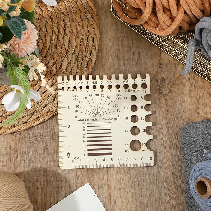 XLIUAX Wooden Rulers, Crochet Stitch Counter Spinner Yarn Measure Needle Gauge Swatch Ruler for Knitting Crochet Gauge Measuring Tool Poplar Square Measuring Tool Multi-Size Holes for Needles (C)