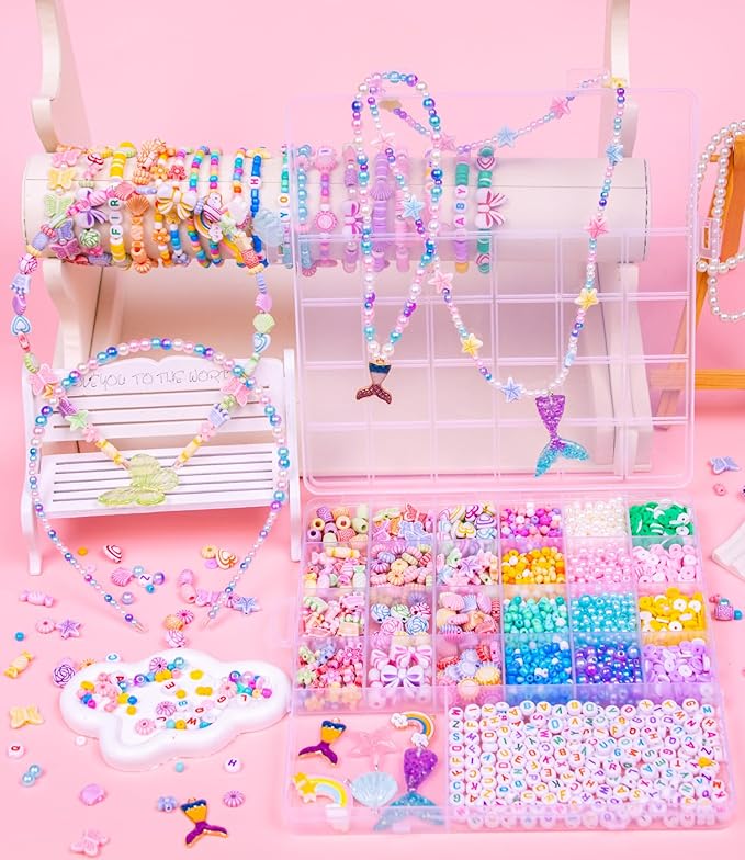 miuco bracelet making kit for kids girls - cute beads for jewelry making kit with charms - arts and crafts for make necklaces - birthday gifts for girls ages 5 6 7 8 9 10 (kids' jewelry making kits)