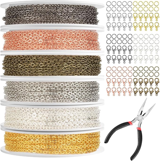 selizo Chains for Jewelry Making, 60ft Jewelry Making Chains for Necklace with Pliers, Open Jump Rings and Lobster Clasps for Making Jewelry DIY Necklace Bracelet Anklet, 6Colors 2mm