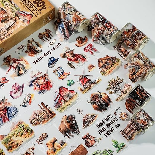 Pre-Cut PET Washi Tape - 6 Rolls, 460 Retro Western Cowboy Designs for Journaling, Scrapbooking Stickers, and DIY Crafts (Transparent, Easy-to-Tear, Durable PET Material)
