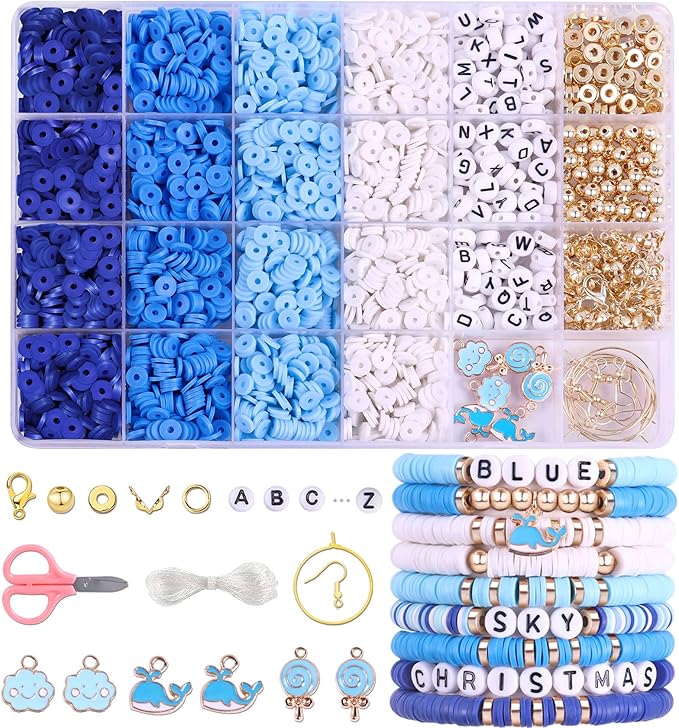 Wuollgess 3500 PCS Valentines Blue Clay Beads for Bracelet Making Kit, Polymer Heishi Beads for Jewelry Making Friendship Bracelet Kit for Adults, Spacer Letter Beads for Necklace Earring DIY
