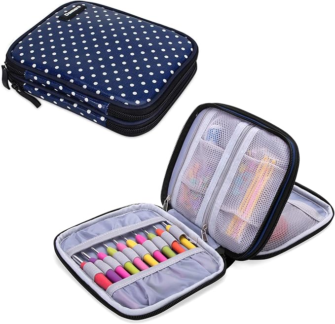 Damero Crochet Hook Case, Travel Storage Bag for Various Crochet Needles and Accessories, Lightweight and Compact, Easy to Carry, Medium, Blue Dots (No Accessories Included)