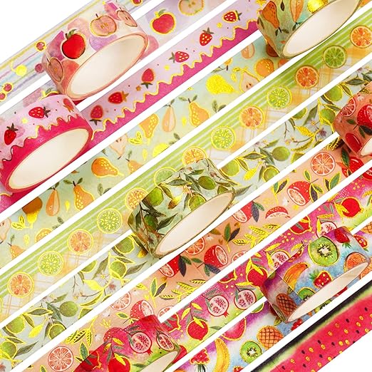 Fruits Washi Tape Set 10 Rolls Harvest Orchard Patterns Gold Decorative Tapes for Journals, Planners, Scrapbooking, Gift Wrapping, DIY Crafts (Fruits)