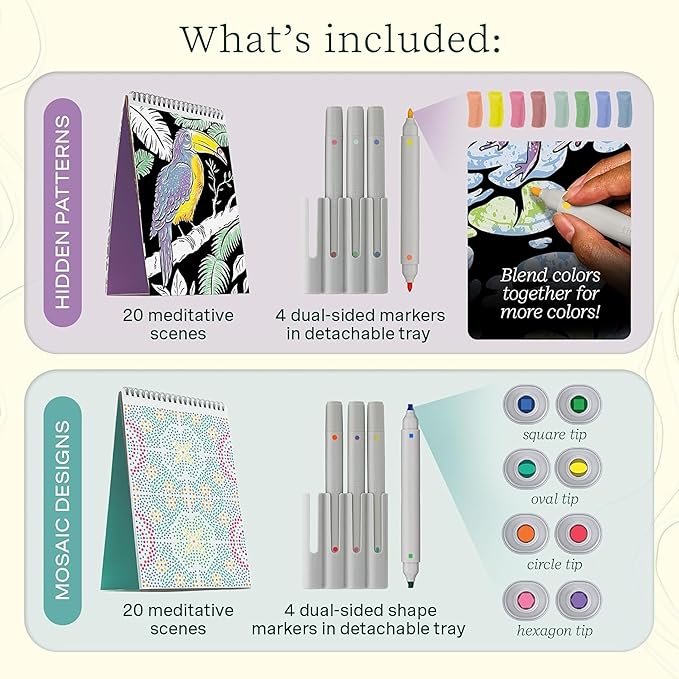 Lifelines FlowArt Activity Pads, 4-Pack - Guided Art Meditations with 4 Sets of Markers & 80 Scenes - Color by Number/Letter, Dot Art and More Coloring Books for Tweens, Adults & Seniors