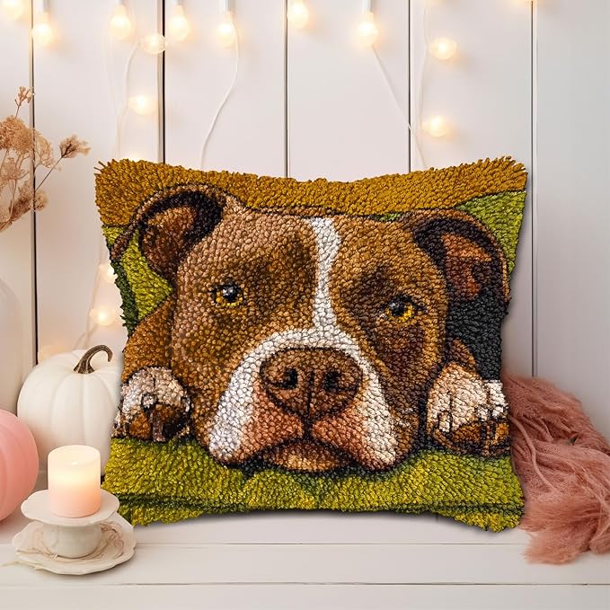 DIY Latch Hook Pillow Kits for Adults Cartoon Pitbull Dog on Sofa Printed Pillowcase Crochet Yarns Hooking Handmade Pillow Cover Cushion for Home Sofa Decoration 17x17inch-4