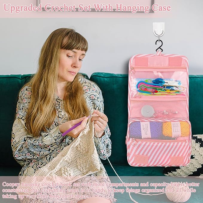 coopay 63 pcs crochet kit for beginners, upgraded crochet set with hanging case & yarn for crocheting, premium crocheting hook set with book, crochet hooks, yarn, knitting & crocheting supplies