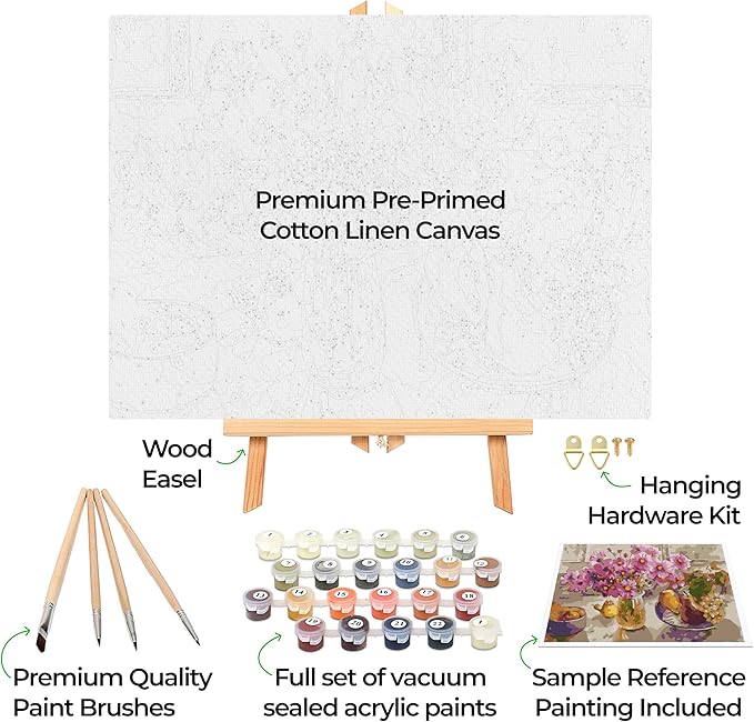 Ledgebay DIY Paint by Numbers Kit for Adults Framed Canvas Beginner to Advanced Paint by Numbers Kit, Kits Include Acrylic Paint set, Brushes & Tabletop Easel (Cosmos from The Garden 12" x 16" Framed)