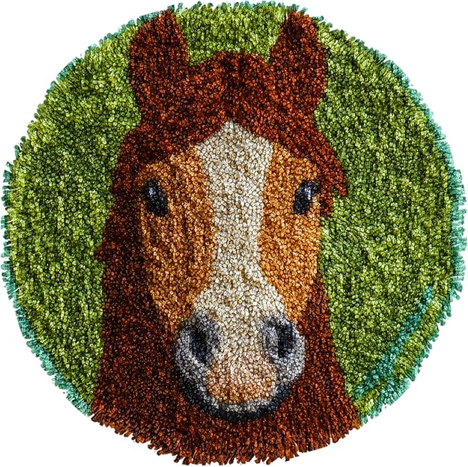 Latch Hook Rug Kit Cute Brown Horse with Green Color Easy for Beginners Round Shape Carpet Crochet Yarn Craft Mini Rug DIY Hook and Latch Little Tapestry for Home Decor 30x30cm-2