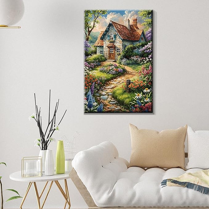 ATDMS Paint by Numbers Kits for Adult with Frame DIY House Flowers Paint by Number with Easel Acrylic Landscape Oil Painting by Number for Wall Hanging Home Room Decor 7.87x11.81 Inch