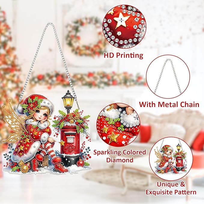 SENQAO Christmas Diamond Art Hanging Kits for Adults, Fairy Diamond Art Suncatchers, 5D Special Shape Diamond Painting Pendant Window Ornament Gifts for Home Door Wall Decor