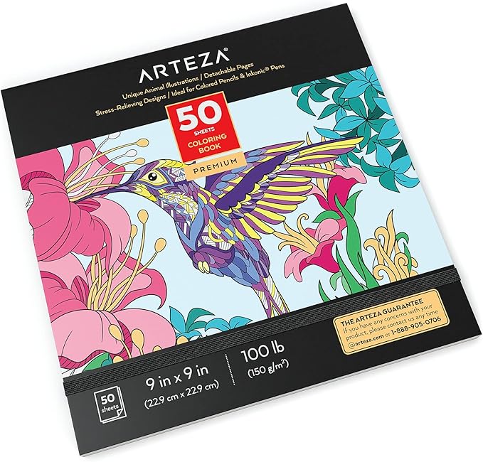 ARTEZA Adult Coloring Book, Animal Designs, 9x9 Inches, Stress-Relieving Coloring Pages with 50 One-Sided Images, 100 lb Paper