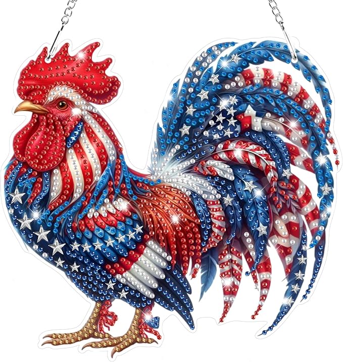 Bowetile Independence Day 5D Diamond Art Hanging Kits for Adults, 4th of July Chicken Diamond Painting Window Pendant Kits, Special Shape Gem Art Suncatchers Ornament for Home Garden Wall Decor