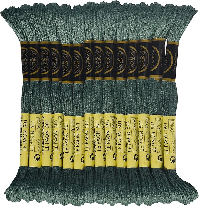 LE PAON Embroidery Floss, 14-Pack Six Strands 100% Long Staple Cotton Embroidery Thread, 8.7-Yard，Color Number：501, Dark Blue Green