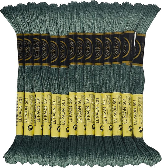 LE PAON Embroidery Floss, 14-Pack Six Strands 100% Long Staple Cotton Embroidery Thread, 8.7-Yard，Color Number：501, Dark Blue Green