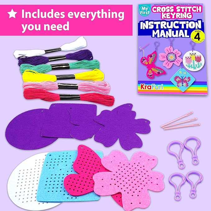 KRAFUN Cross Stitch Kits for Kids Beginners, 4 Cross Stitching Keyrings Arts & Crafts with Butterfly and Flower, Needlepoint Embroidery Kit for Girls 5-13 Craft Kit Backpack Charms, Ornaments