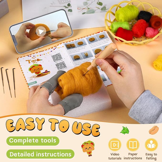 Yizzvb Needle Felting Kit, Cute Taco Felting Kit for Beginners Adult Including Instruction Wool Roving Foam Pad Needles DIY Craft Home Decoration Craft Party Supplies for Art Work Starter Beginners